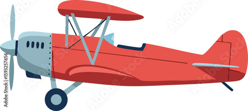 Red vintage biplane airplane vector illustration with propeller and open cockpit design for aviation graphics