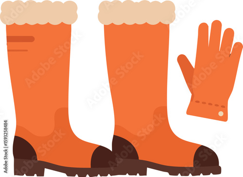 Winter orange boots with fur lining and matching glove vector illustration for cold weather protection and outdoor activities