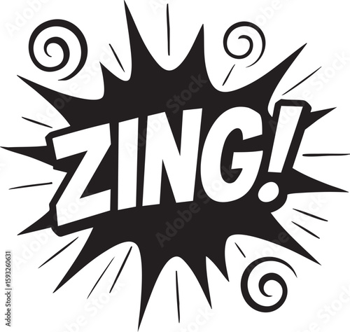 Retro comic book pop art explosion with the word Zing! Black and white onomatopoeia sound effect illustration.