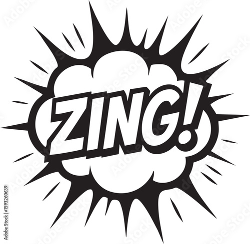 Zing! comic book sound effect in a pop art style. Black and white vector illustration of a cartoon explosion speech bubble.
