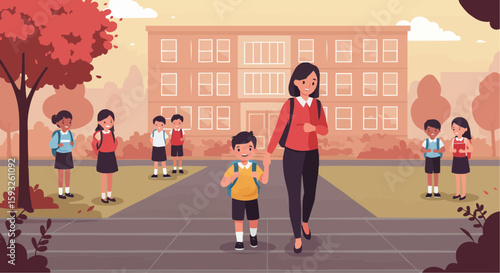 Woman walking with boy in schoolyard during back to school season  
