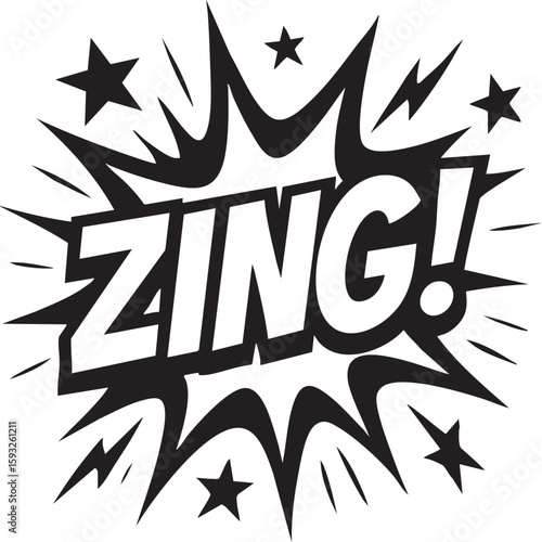 Retro comic book pop art explosion with the word Zing! Monochrome vector illustration of a sound effect.