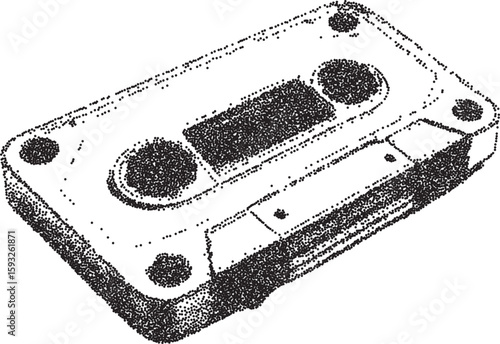 Cassette vintage y2k stipple art, retro halftone stipple brutalist vector png with transparent background, analog 2000s aesthetic photocopy effect tattoo