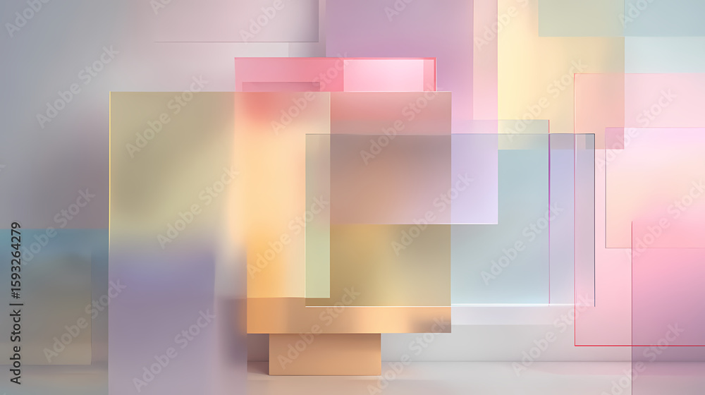 Fototapeta premium Abstract concept featuring floating translucent panels and soft pastel gradients on neutral background with spacious. translucent panel. Illustration