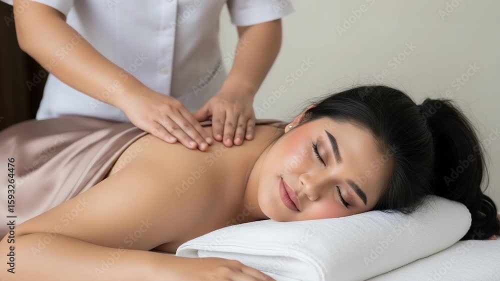 Professional Therapist Giving Relaxing Back Massage to Young Woman Lying Comfortably in Serene Spa Professional Therapist Giving Relaxing Back Massage to Young Woman Lying Comfortably in Serene Spa