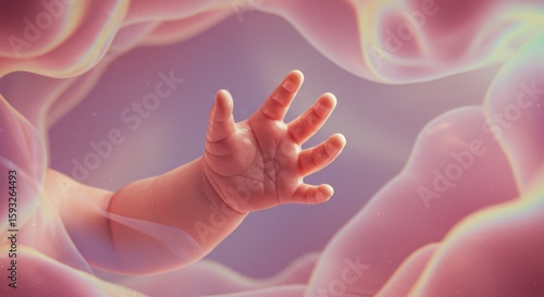 Delicate innocence, portrayal of fetal development with a gentle baby's hand in womb environment