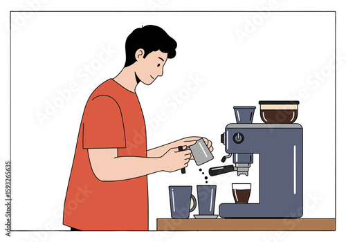 Man preparing coffee with an espresso machine, pouring milk into a cup.