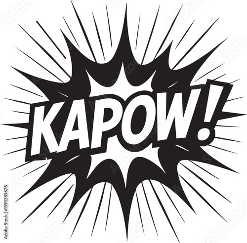 Monochrome comic book explosion with the onomatopoeia word Kapow. A retro pop art graphic for sound effects.