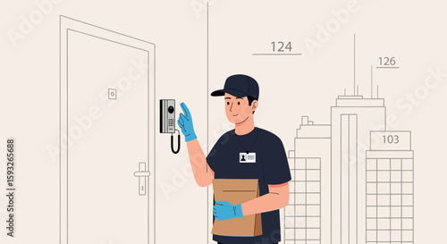 Safe Home Delivery Service With Courier Ringing Apartment Intercom For Contactless Drop