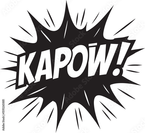 Retro comic book explosion bubble with the word Kapow. A monochrome pop art graphic illustration of a fight sound effect.