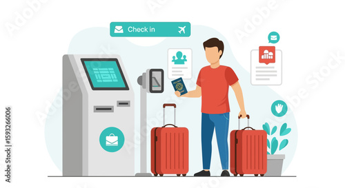 Modern Airport Check-In Illustration Featuring A Passenger And Self-Service Kiosk