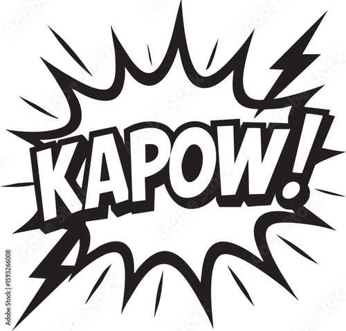 Black and white vector illustration of the onomatopoeic word 'Kapow!' inside a classic comic book style explosion speech bubble.