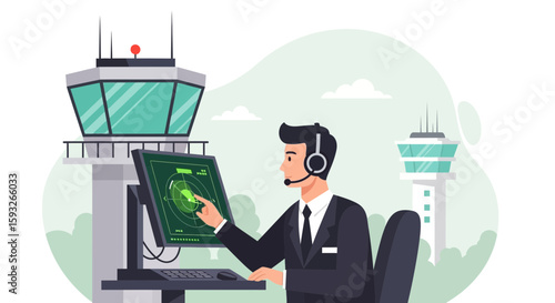 Modern Airport Flight Controller Managing Airspace Surveillance And Aircraft Navigation