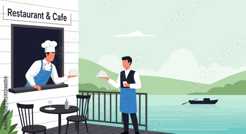 Scenic Lakeside Restaurant Serving With Chef And Waiter Delicious Food