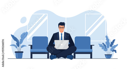 Modern Businessman Working On Laptop In Waiting Area Minimalist Illustration