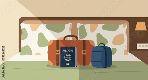 Preparing For A Trip Concept With Suitcase And Passport On The Hotel Bed