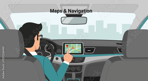 Modern Car Interior With Navigation System And Male Driver Using Touchscreen