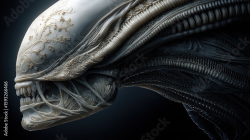 Biomechanical organism with intricate details, futuristic alien portrait concept