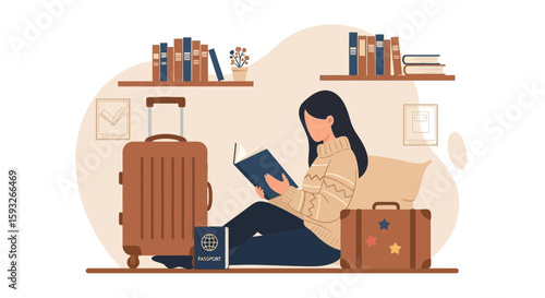 Preparing For Adventure A Woman Reading With Luggage Passport And Books At Home