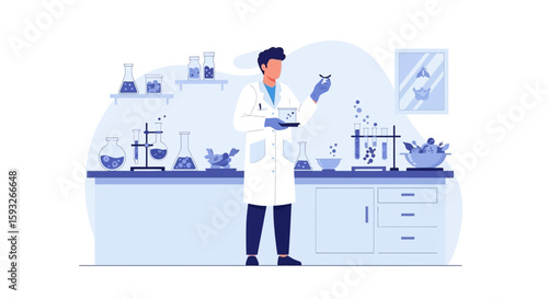 Scientist Performing Experiment In Laboratory With Glassware And Chemical Reactions