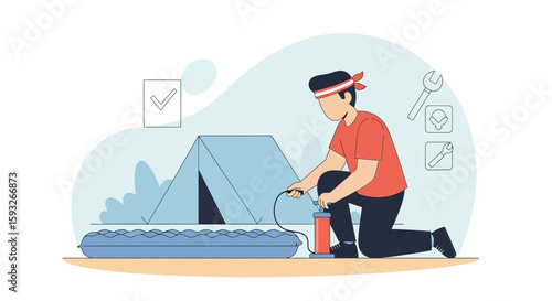 Preparing For Outdoor Adventures Man Inflating Air Mattress At Campsite Illustration