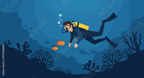 Scuba Diver Exploring the Coral Reef Colorful Underwater Scene Vector Illustration