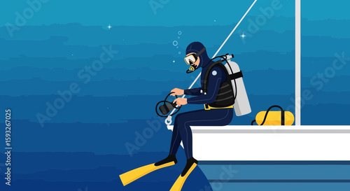 Scuba Diver Preparing Gear On Boat For Aquatic Adventure On Tropical Waters