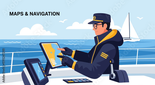 Seafarer Navigating Ocean Voyage With Digital Chart on Yacht Marine Captain at Work