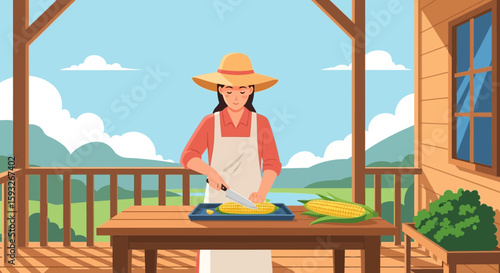 Preparing Fresh Corn On The Porch With Countryside View At Summer Day