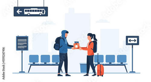 Travelers Exchange Package At Bus Station While Waiting For Their Transportation