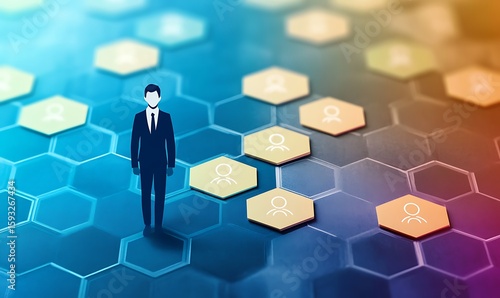 An employee is preparing to join a business team or company. Hexagons. Recruiting new employees and replacing departments. Personnel Management. Business process, logical structure, perfectionism. 