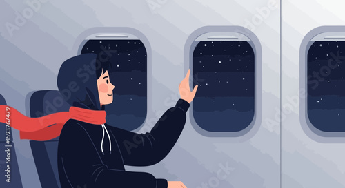 Traveling At Night Woman Gazing At Starry Sky Through Plane Window