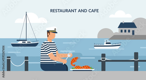 Seaside Culinary Delights Man Enjoys Shrimp Meal Near Boats