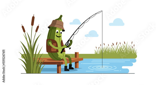 Zucchini On Summer Vacation Fishing Cartoonish Vegetable Character Illustration