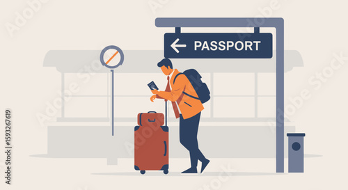 Modern Tourist Checking Passport, Near Airport Passport Sign, Global Travel