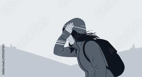 Woman Exploring Winter Landscape Seeking Destination With Backpack Traveling Alone
