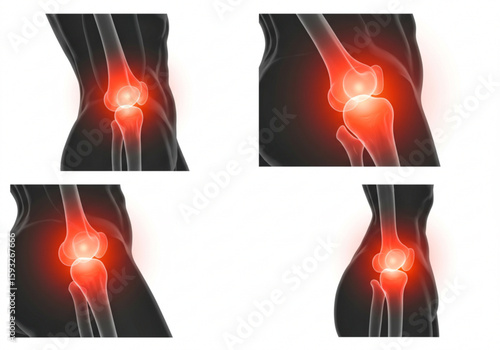 Four illustrations of human knees with red highlighting indicating pain and inflammation displayed created with generated ai