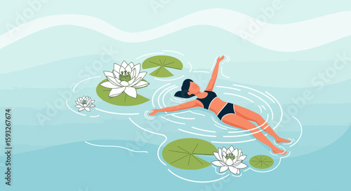 Woman Floating In Water Surrounded By Lily Pads For Serene Illustration