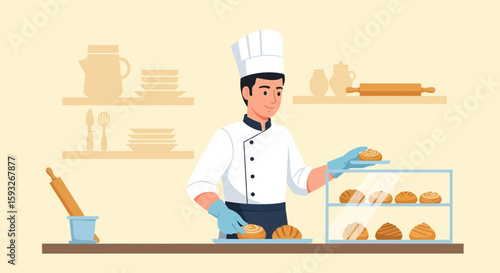 Professional Baker Presenting Fresh Pastries In A Modern Bakery Display