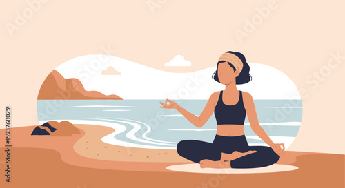 Serene Beach Meditation Woman Practicing Mindfulness Near Ocean