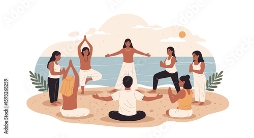 Serene Beachside Yoga Class With Diverse Group Practicing Wellness Together