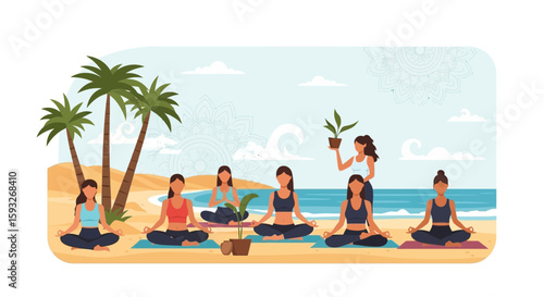 Serene Beach Yoga Retreat: Women Practicing Meditation and Mindfulness Together