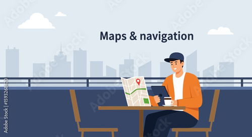 Modern Traveler Utilizing Navigation Tools At Outdoor Cafe Amidst Cityscape