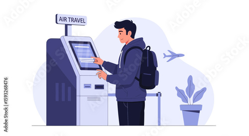 Modern Traveler Using Self-Service Kiosk For Check-In At Airport Departure Terminal
