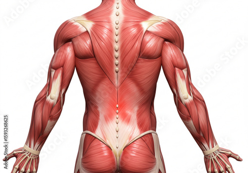 Anatomical illustration showcasing the muscles of the back arms and spine in detailed view from behind created with generated ai