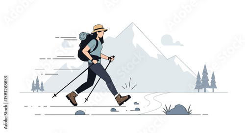 Woman Hiker Enjoying Adventure Mountain Trip Trekking With Backpack And Hiking Poles