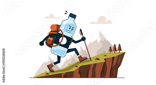 Trekking Water Bottle Character With Backpack Hiking Up A Mountain Slope