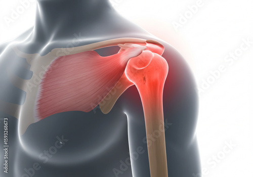 Illustration of a human shoulder joint with visible bones and muscles highlighted in red for pain created with generated ai