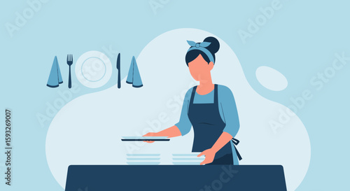 Woman In Apron Stacking Plates Ready For Restaurant Service Or Home Dinner