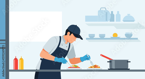 Professional Chef Prepares Gourmet Dish In A Restaurant Or Commercial Kitchen